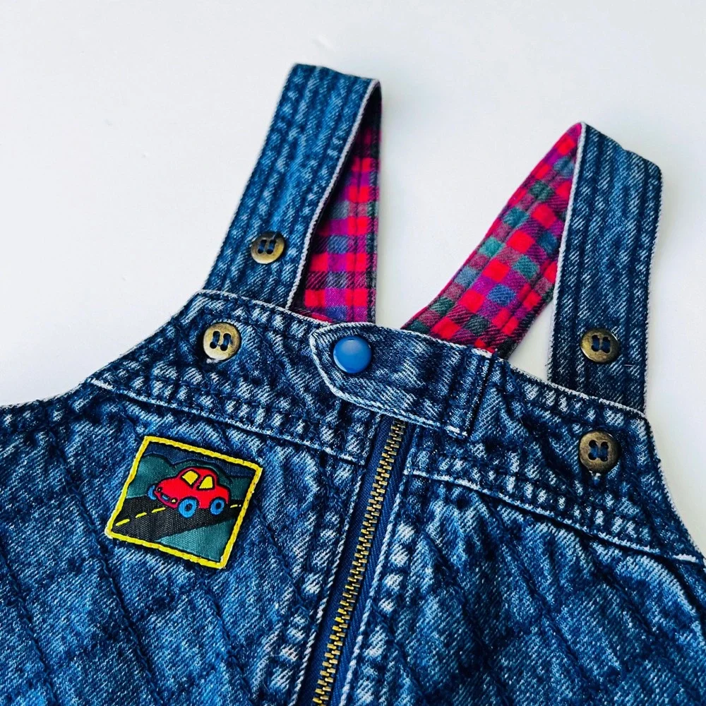 Vintage‎ Gymboree Baby Denim Overalls Infant Quilted Car Plaid Lined Cotton